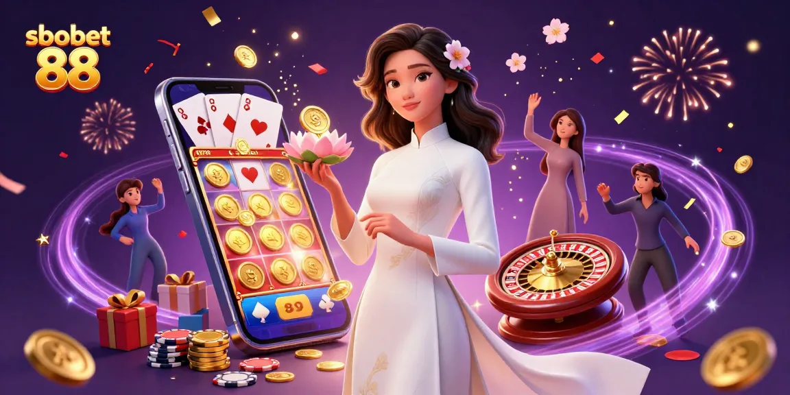 Engage with sbobet 88 through an enchanting illustration of casino games and an elegant woman in traditional attire, creating a vibrant atmosphere.