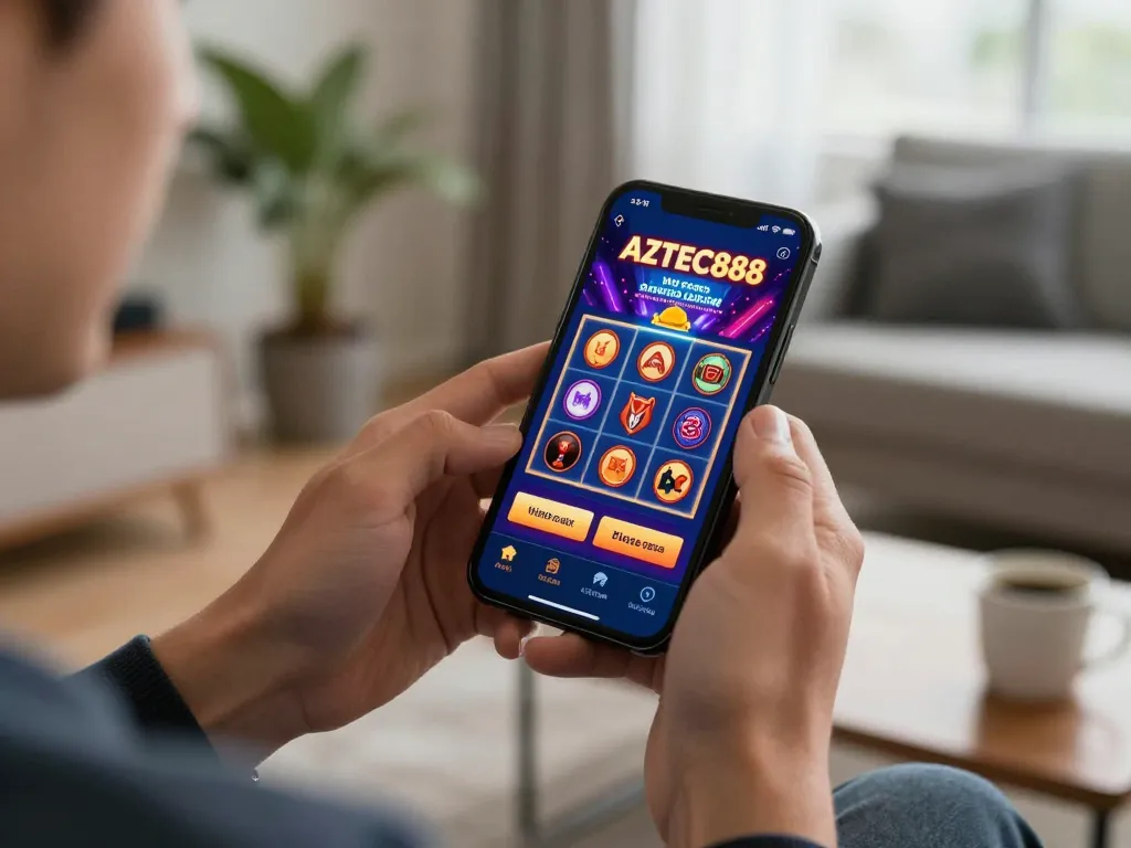 Engaging with AZTEC888 casino app on a smartphone during an exciting gaming session.