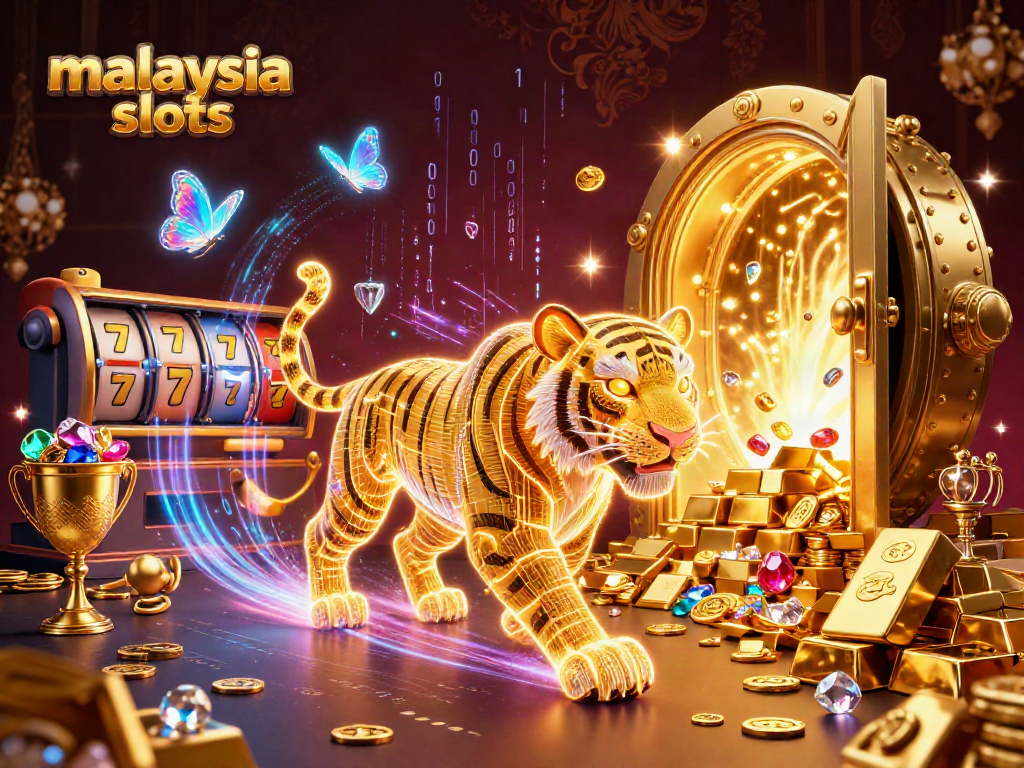 Experience thrilling malaysia slots action with a neon-wireframe tiger amidst dazzling treasures.