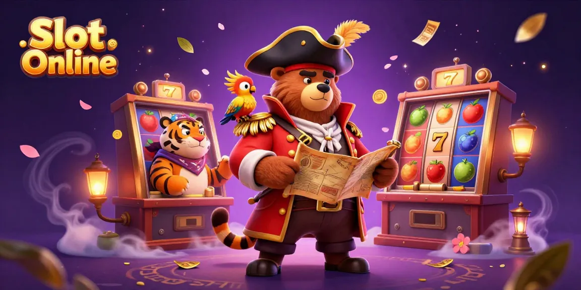Menangkan slot online dengan karakter beruang bajak laut dan harimau di tengah peti harta.