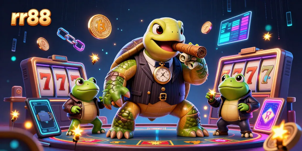 Experience thrilling gameplay at rr88 with a lively illustration of a cartoon turtle in a casino setting.