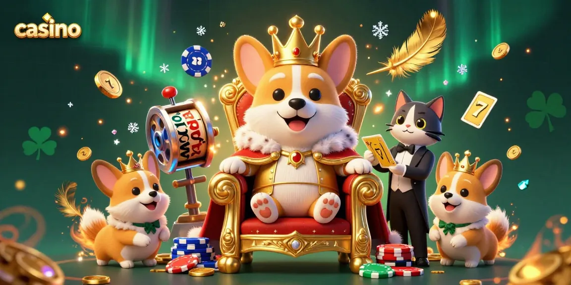 Engaging casino-themed 3D illustration featuring a royal corgi on a throne surrounded by gaming elements.