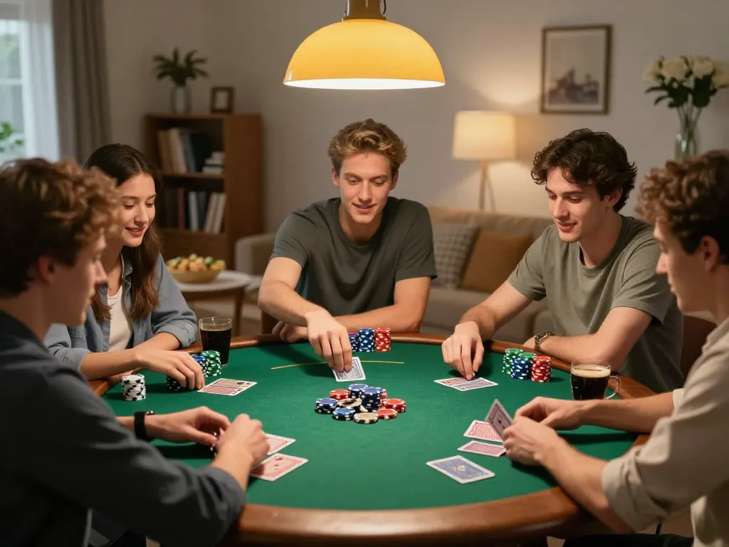 Engaging poker game with friends at home showcasing link w188 for a fun night.
