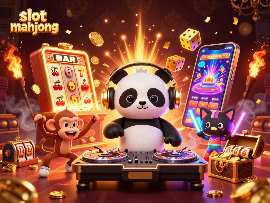 Engage with slot mahjong through a vibrant 3D illustration featuring a DJ panda and lively characters in a casino scene.