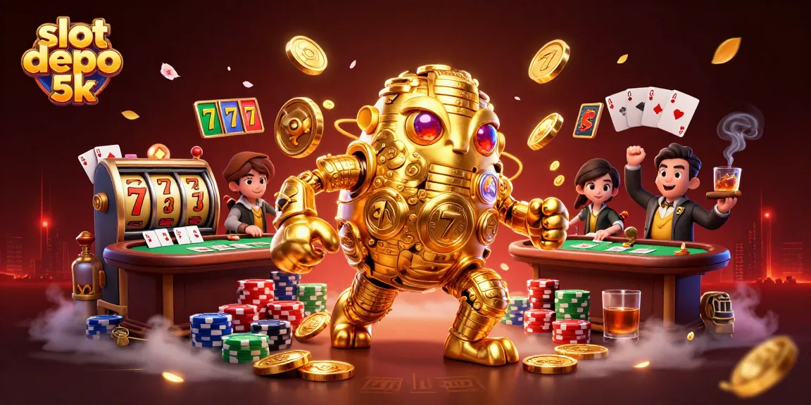 bermain slot depo 5k yang menarik dengan simbol mesin slot dan koin emas mengorbit, menciptakan suasana kasino yang menyenangkan