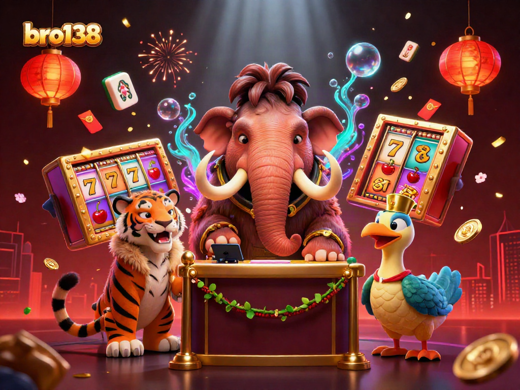Play slots at bro138 with exciting visuals of a casino scene featuring vibrant characters and elements.