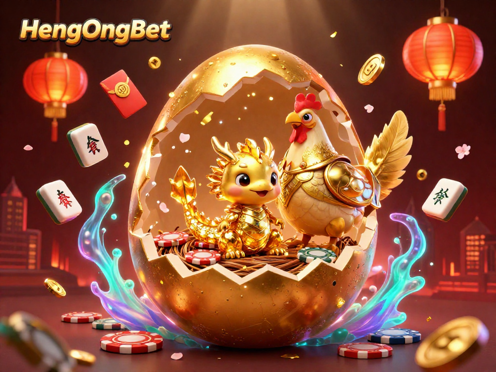Experience the thrill of HengOngBet with a golden dragon amidst vibrant casino elements.