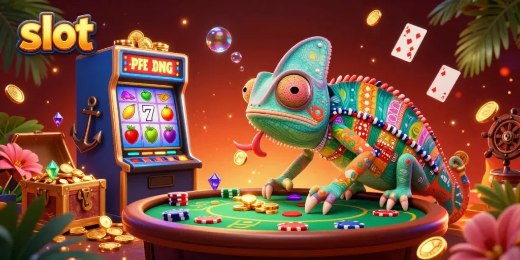 Experience thrilling slot machine action and vibrant casino atmosphere with a colorful chameleon owner and dynamic gaming elements.