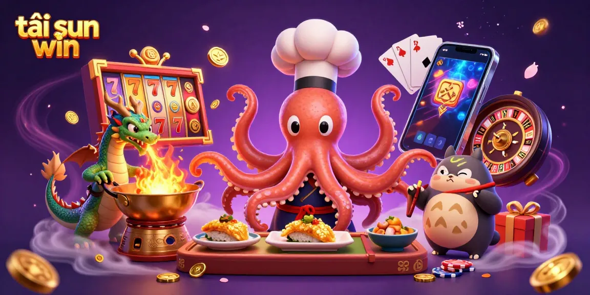 Experience the thrill of tải sun win with a cartoon octopus chef, dragon, and tanuki in a colorful gambling scene.