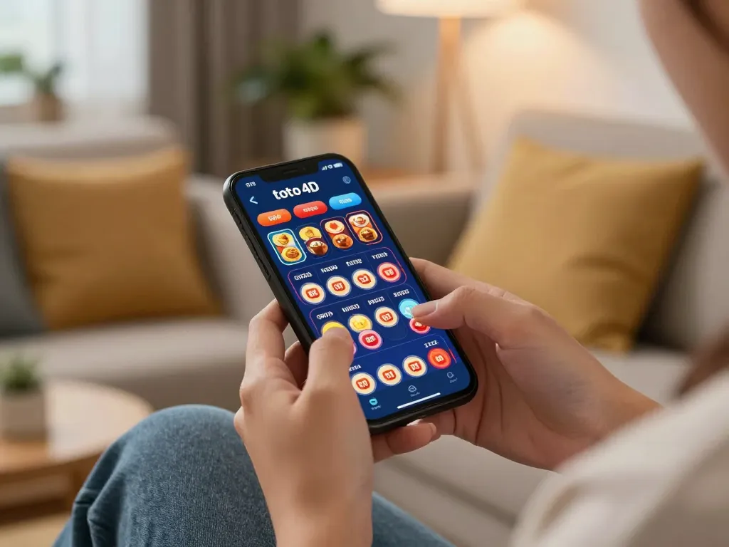 Engaging with a toto 4d betting app on smartphone while relaxing at home.