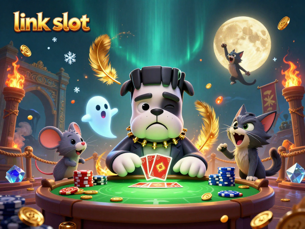 Engage with link slot at a spooky casino table featuring vibrant characters and dynamic game elements.