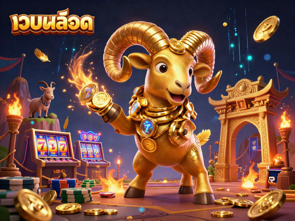 Experience the thrill of เว็บสล็อต with this vibrant and dynamic 3D casino illustration featuring a golden ram.