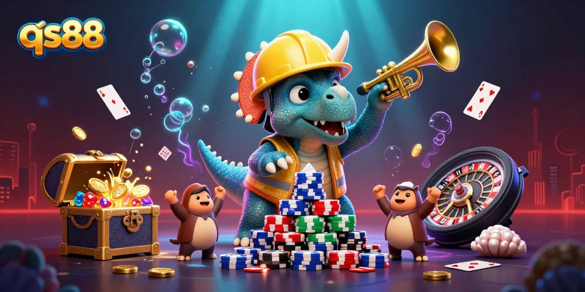 Experience thrilling gaming adventures at qs88 with a lively scene featuring cartoon dinosaurs and casino elements.