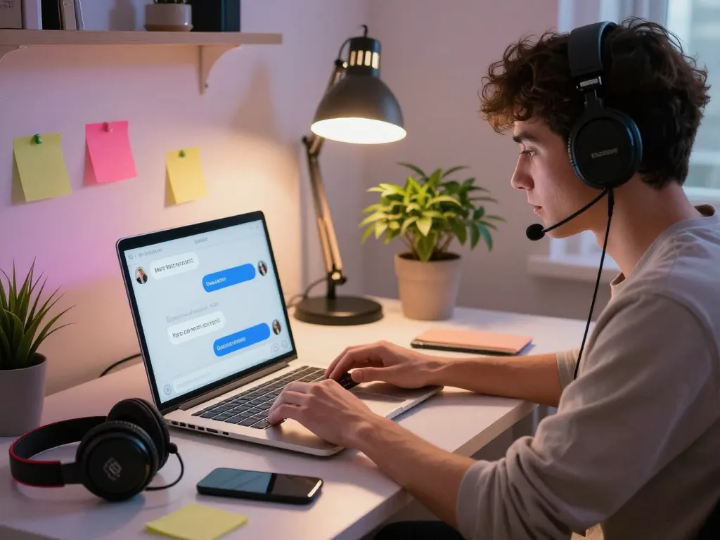 Engaging free ai sex chat experience with a user interacting with a vibrant AI companion in a cozy home office.