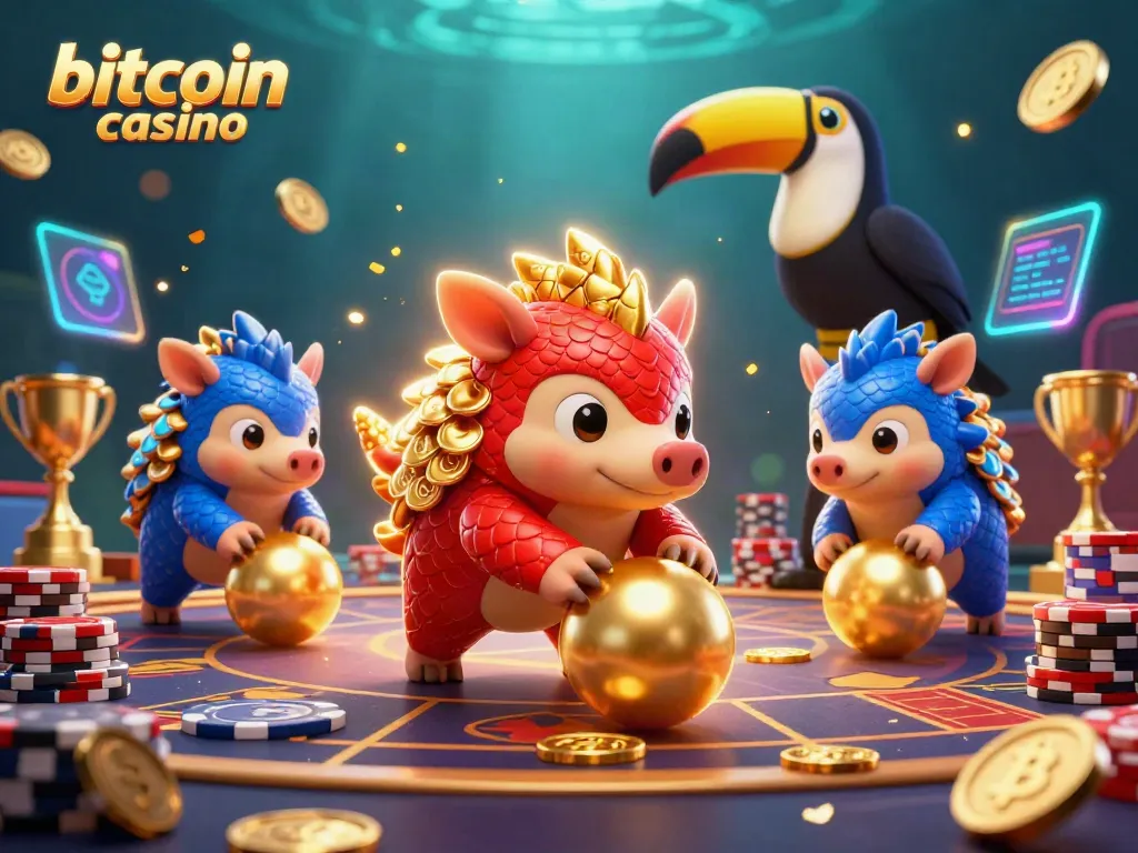 Join the excitement of this bitcoin casino battle with rival pangolins featured in a vibrant gaming scene.