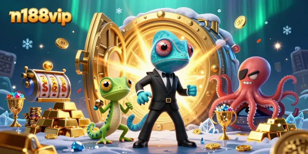 Win big at n188vip with vibrant 3D characters enjoying casino slots and treasures