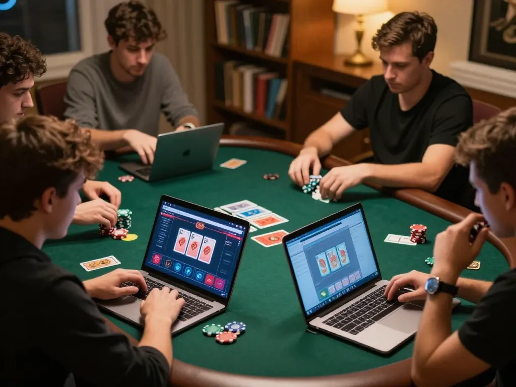 Players engaged in online poker, showcasing digital cards and chips, while ดูหนัง provides an entertaining gaming experience at home.