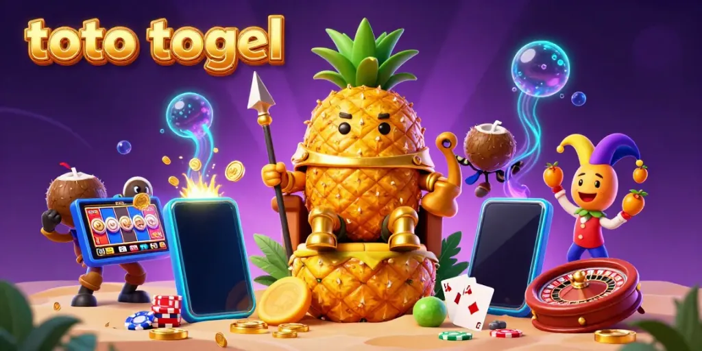 Experience the excitement of toto togel with a golden pineapple king and playful elements on a vibrant beach casino scene.