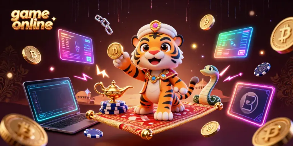Engage in the game online realm with an Arabian-themed scene featuring a tiger sultan, poker chips, and crypto elements.