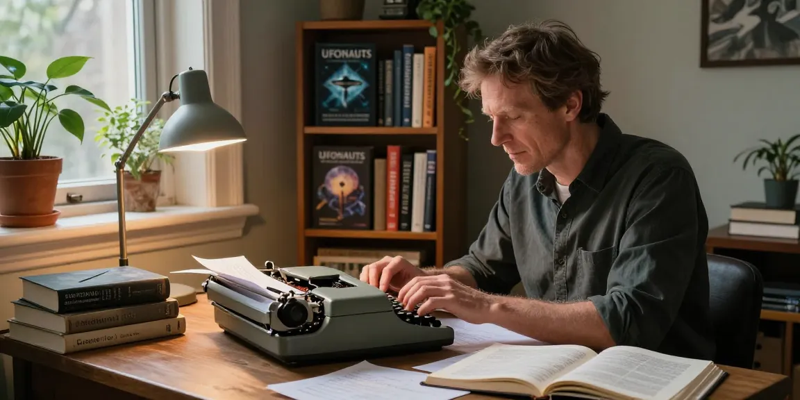 T Allen Greenfield at his writing desk exploring spirituality and UFOs, highlighting https://tallengreenfield.com and his book UFOnauts.