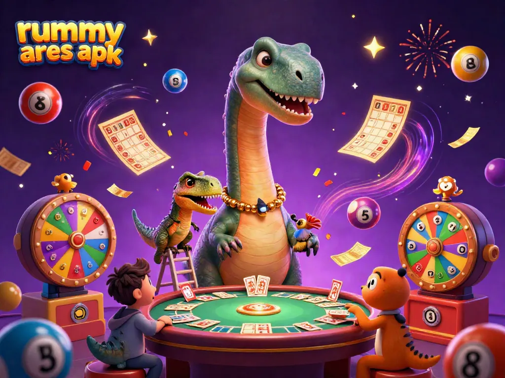 Experience rummy ares apk with vibrant gaming elements and cartoon characters in a thrilling casino scene.