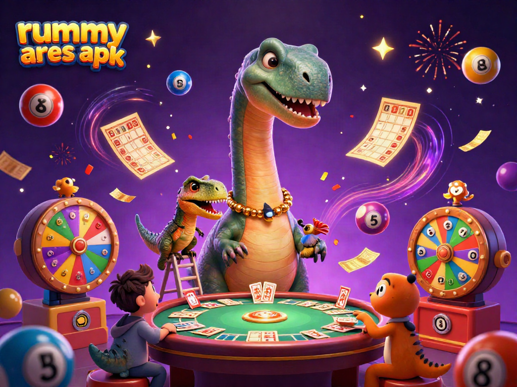 Experience rummy ares apk with vibrant gaming elements and cartoon characters in a thrilling casino scene.