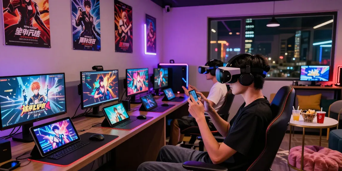Engaged player enjoying mobile hentai games in a modern gaming lounge with vibrant lighting.