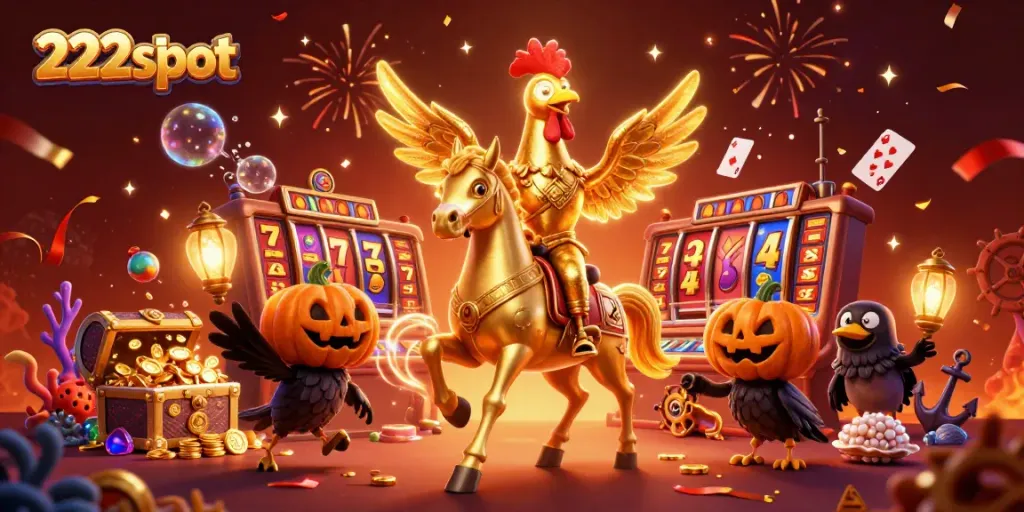 Gambarlah petualangan 222slot di kasino dengan karakter ayam jantan emas yang unik dan unsur perjudian.