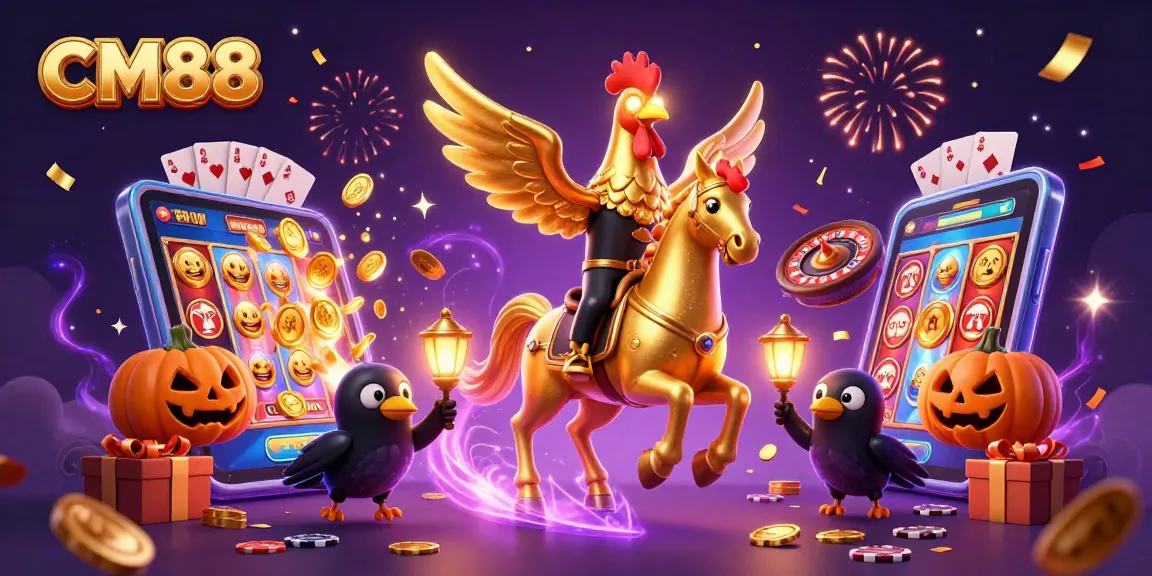 Experience the thrilling CM88 casino adventure with golden rooster and lanterns amid vibrant slot games.