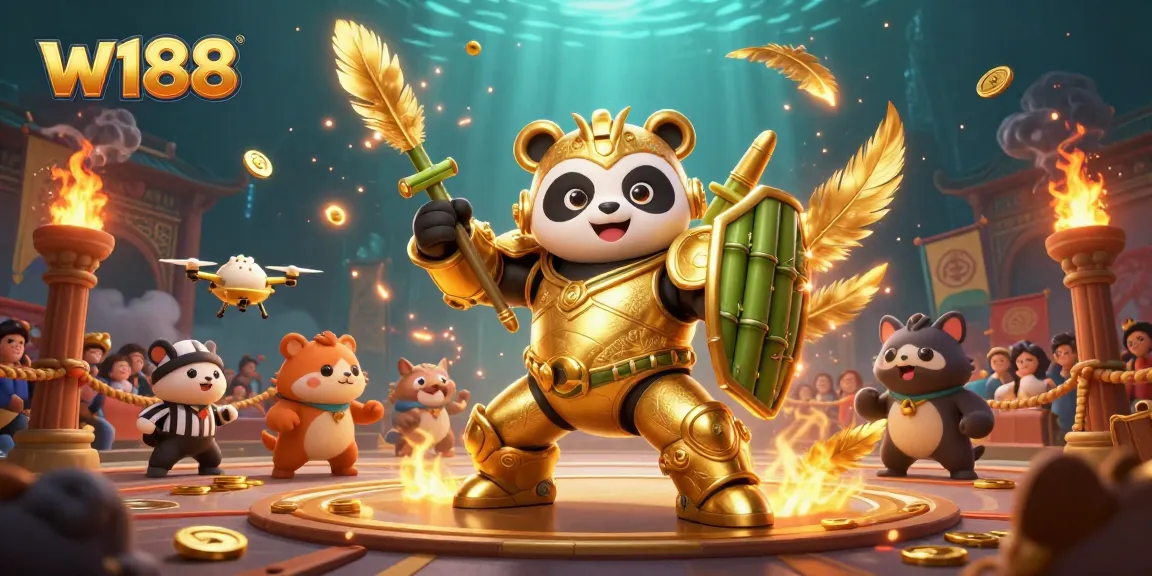 Engage in thrilling w188 casino battles featuring a golden panda in a mech-suit, surrounded by cheering spectators and dynamic game elements.