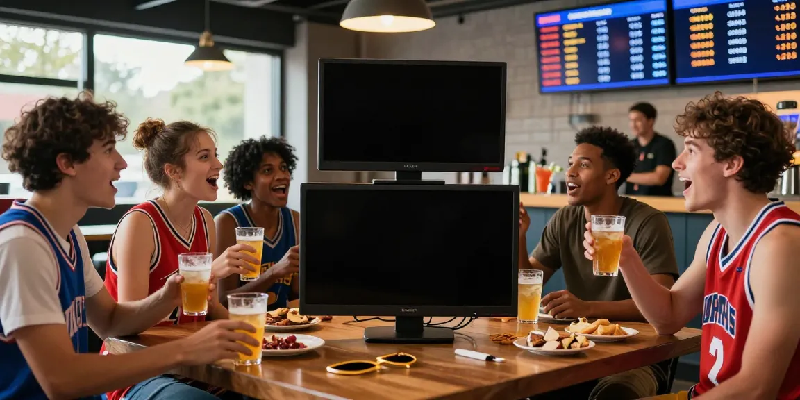 Twinsbet basketball betting scene capturing excitement at a sports bar.