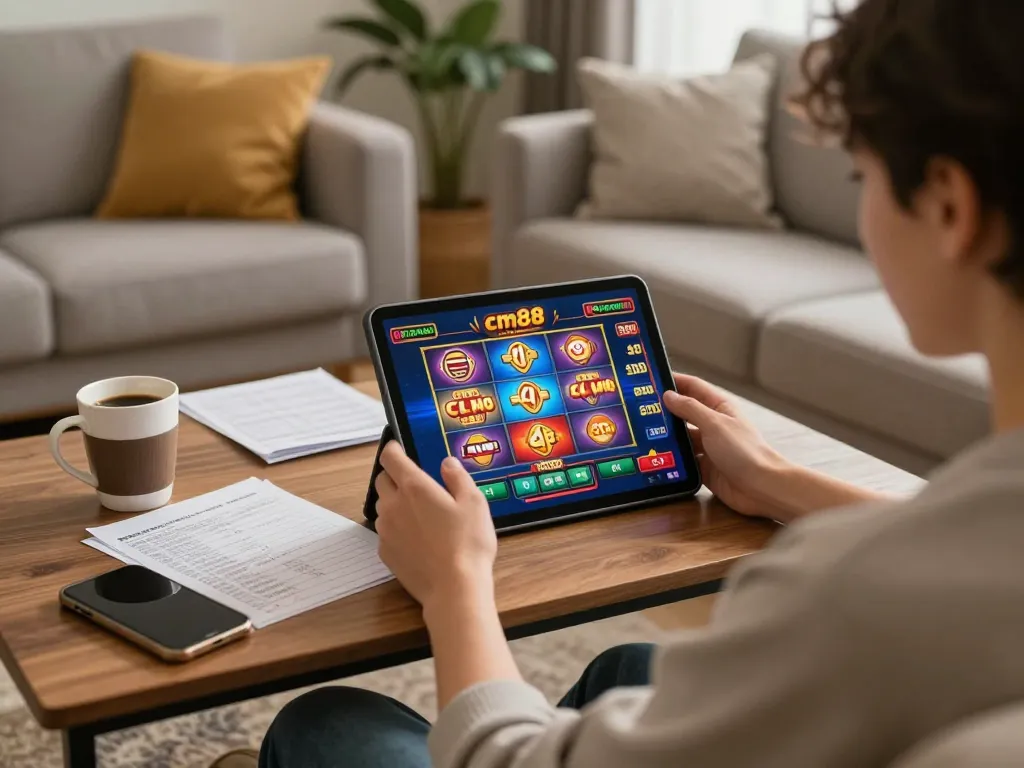 Playing slots on cm88 com while relaxing at home with a tablet, showcasing vibrant game graphics.
