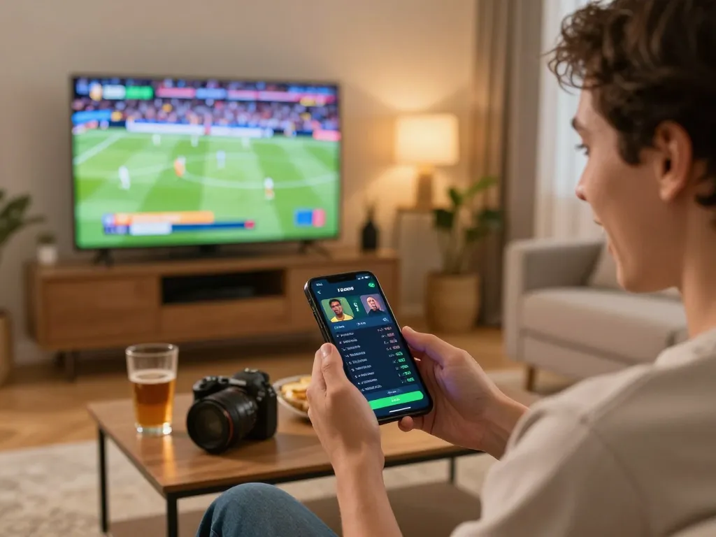 Engaging in sports betting on mobile app while enjoying an event with ทางเข้า m113 for better odds.
