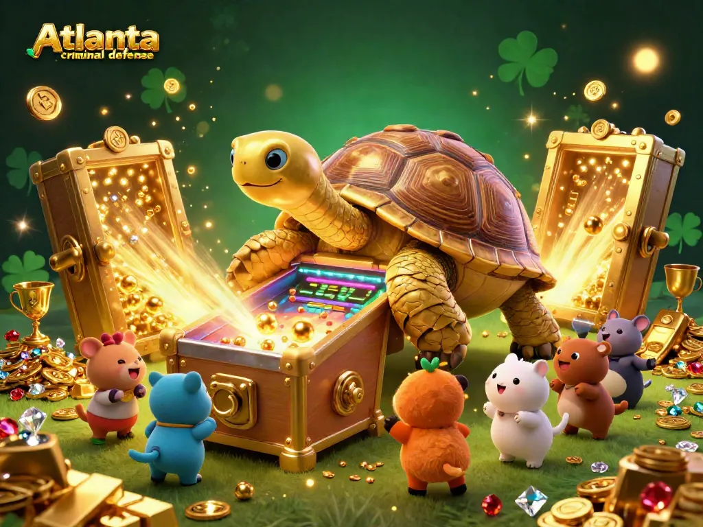 Experience the excitement of Atlanta criminal defense with this dynamic illustration of a colossal golden tortoise pinball machine amid vibrant gaming elements.