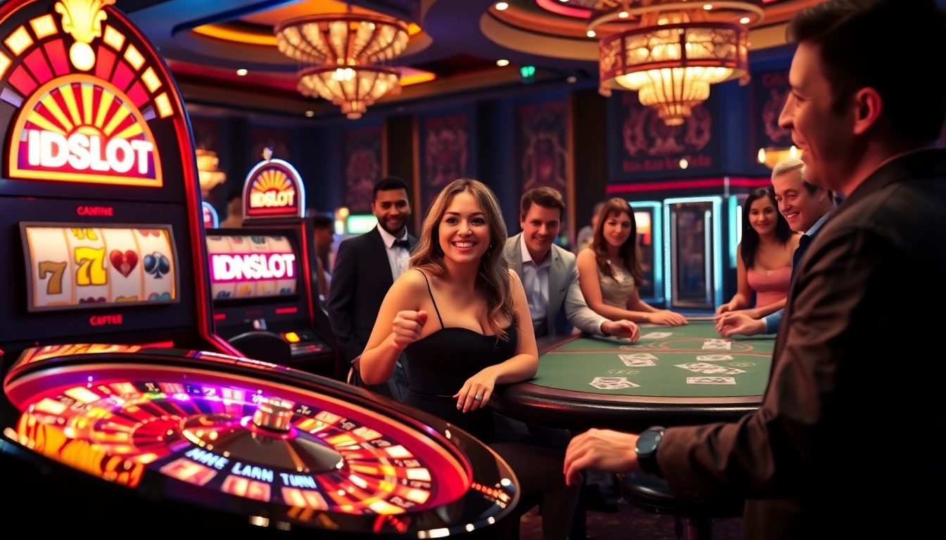 Excited players winning on IDNSLOT slot machines inside a vibrant casino.