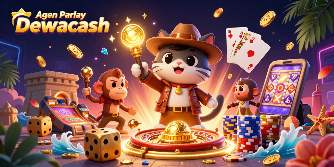 Agen Parlay Dewacash showcases a vibrant, 3D digital scene of gambling excitement with coins and casino artifacts.