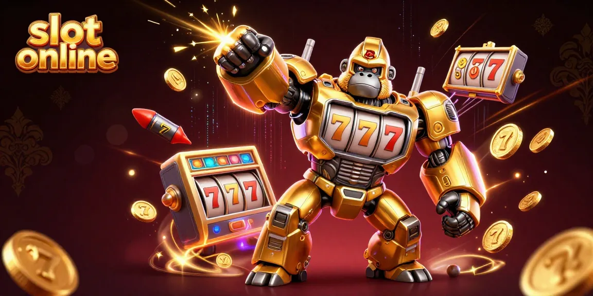 Experience the thrill of slot online with a dynamic golden gorilla mech and spinning reels, packed with energy and excitement.