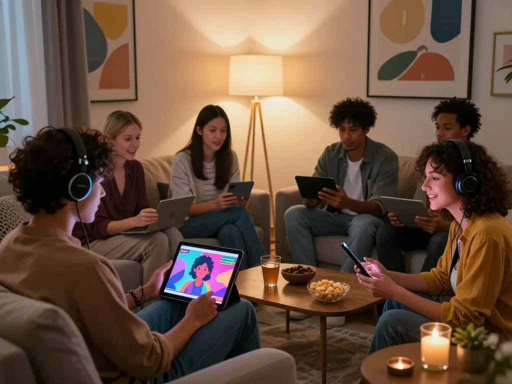 Engaging 18+ ai chat scene with diverse adults interacting with lifelike AI avatars in a cozy setting.