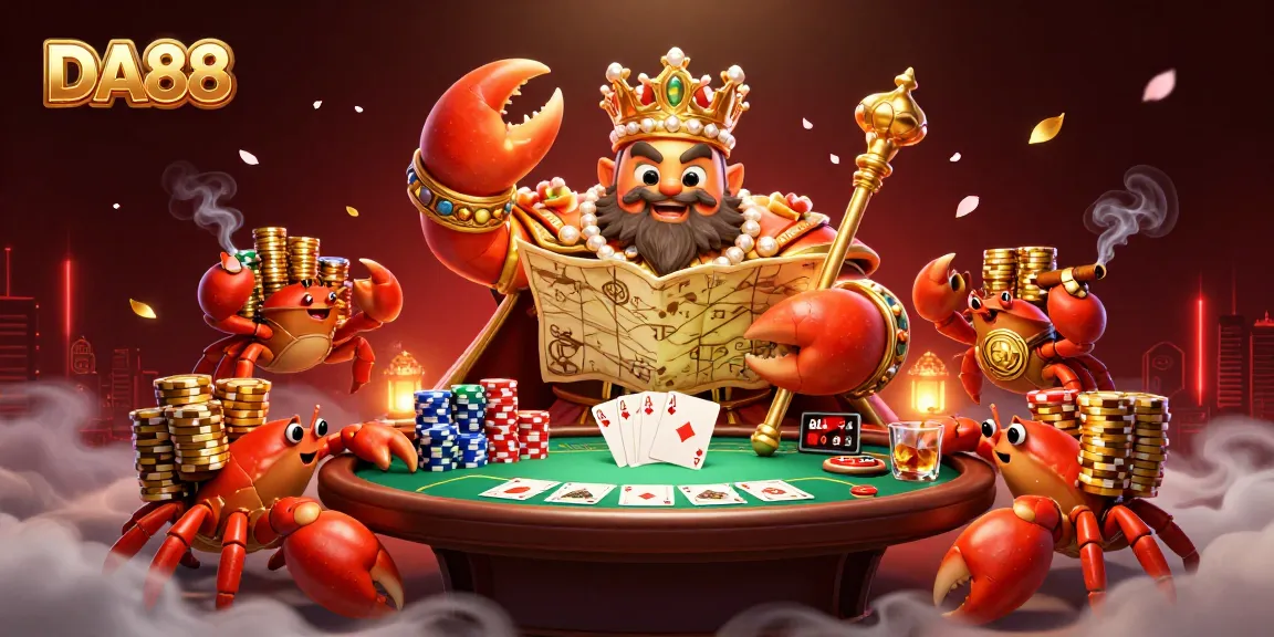 Experience DA88’s thrilling essence with a 3D crab emperor at a vibrant poker table.