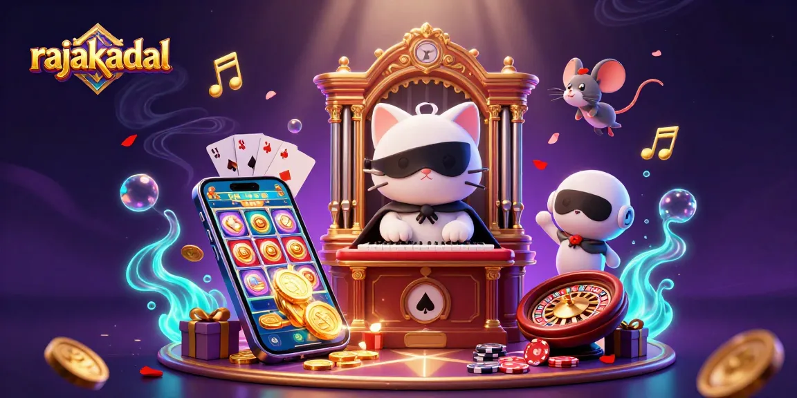 Mengumpulkan kemenangan di rajakadal dengan cat putih bertopeng dan akrobat tikus, dikelilingi slot game menarik dan koin emas.