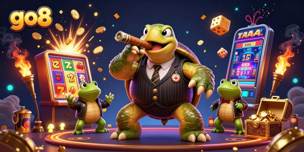 Experience exciting wins at go8 with a captivating scene of a mobster turtle and bullfrog enforcers amidst a jackpot explosion.