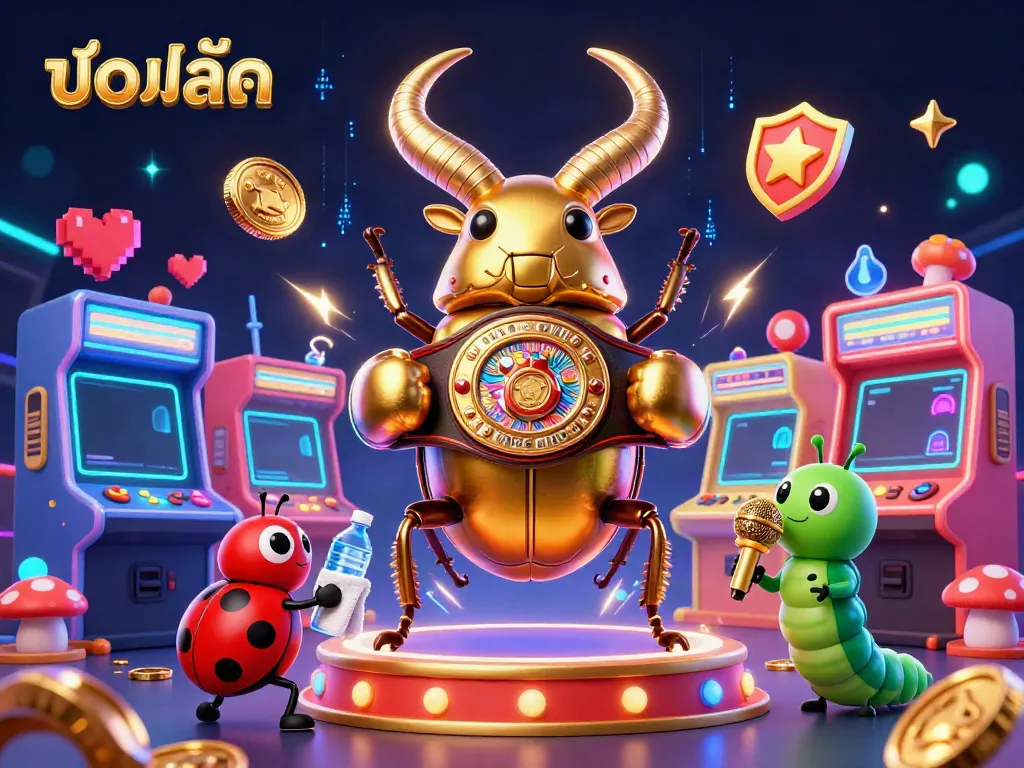 Exciting visual of บอลสด featuring a golden stag beetle champion, a ladybug assistant, and vibrant gaming elements.