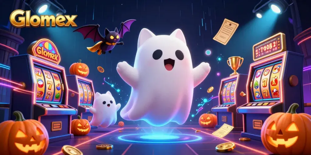 Engage with Glomex in a vibrant casino world featuring ghostly characters and dynamic gambling elements.