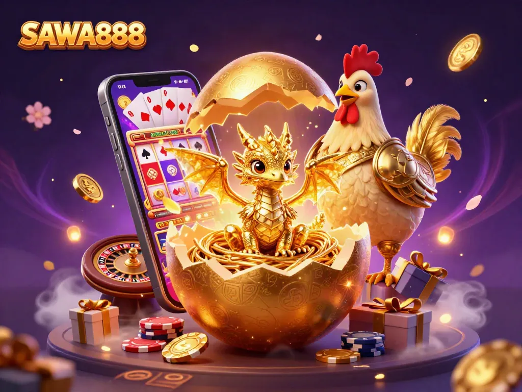 Experience thrilling gaming at SAWA888 with a dragon and poker chips in a vibrant casino scene.
