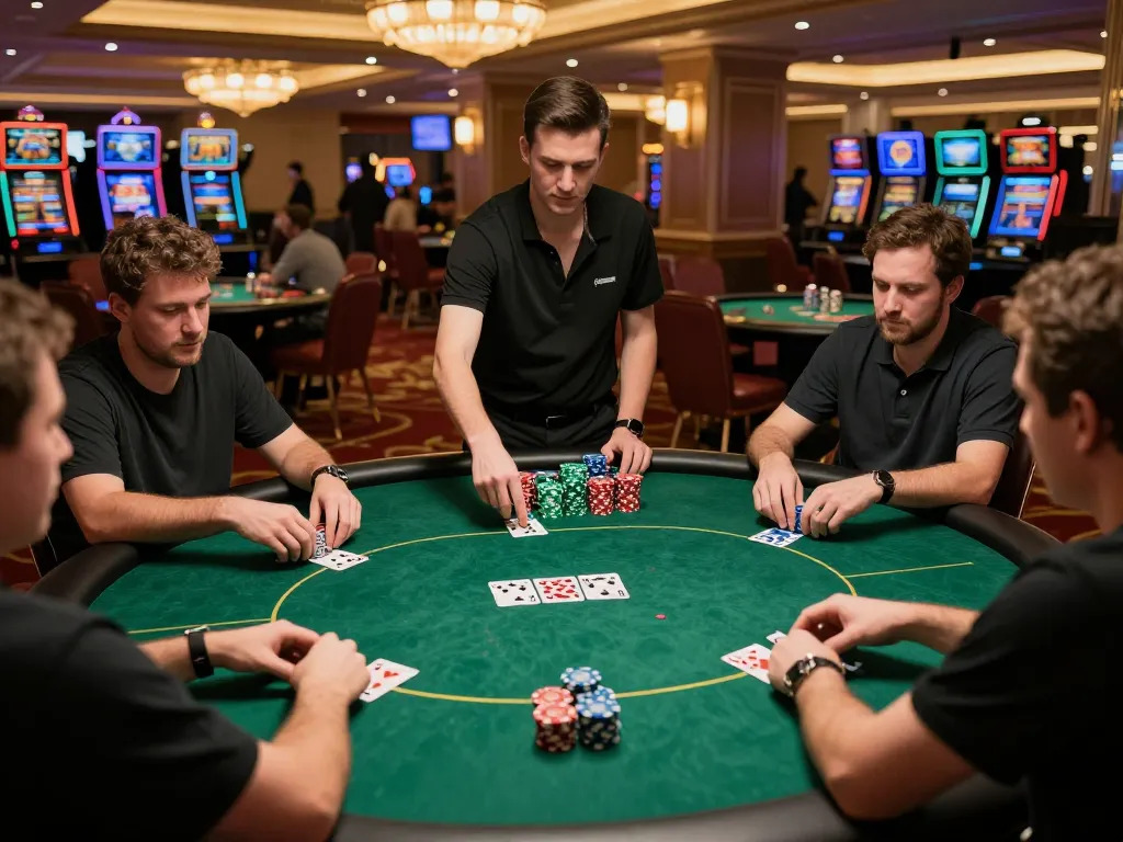 VIN777 players strategizing at a poker table in a luxurious casino setting