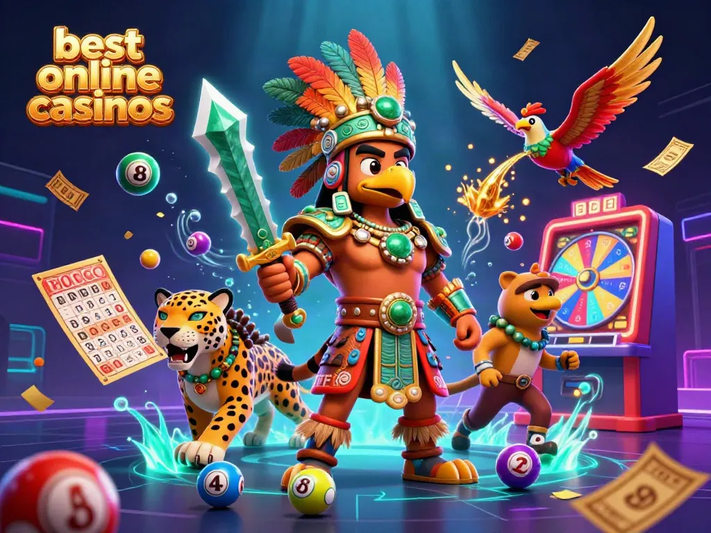 The best online casinos showcase a vibrant Aztec scene with dynamic lottery elements and warriors.