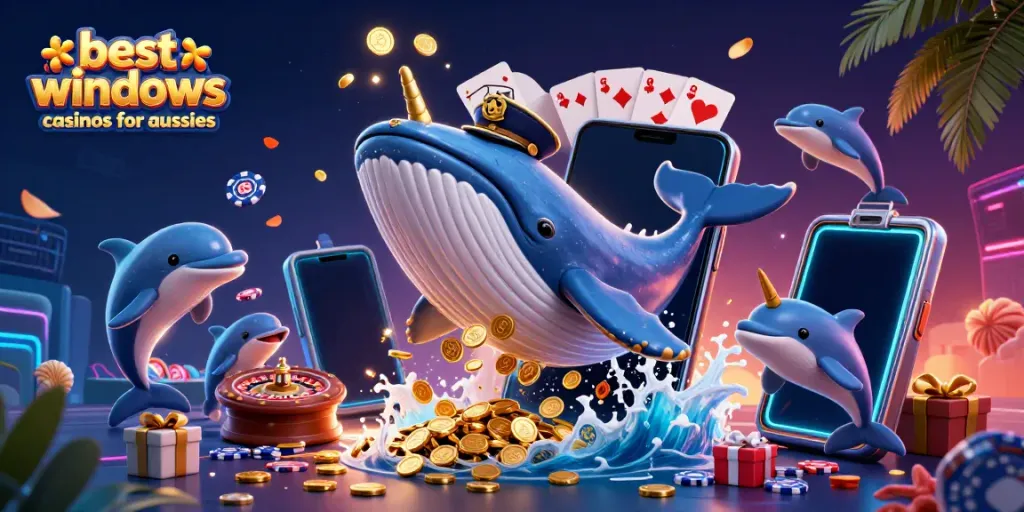 Experience the excitement of the best windows casinos for aussies with a colorful 3D ocean-themed casino illustration.