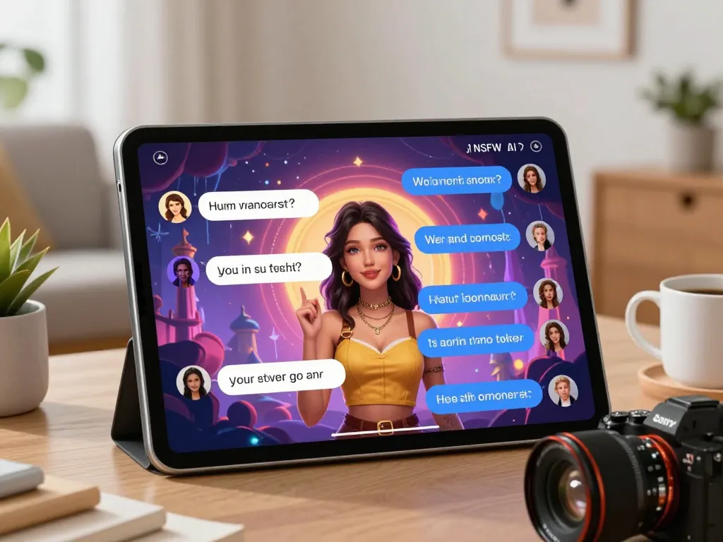 Engaging NSFW AI chat scene showcasing an interactive character on a tablet in a cozy setting.