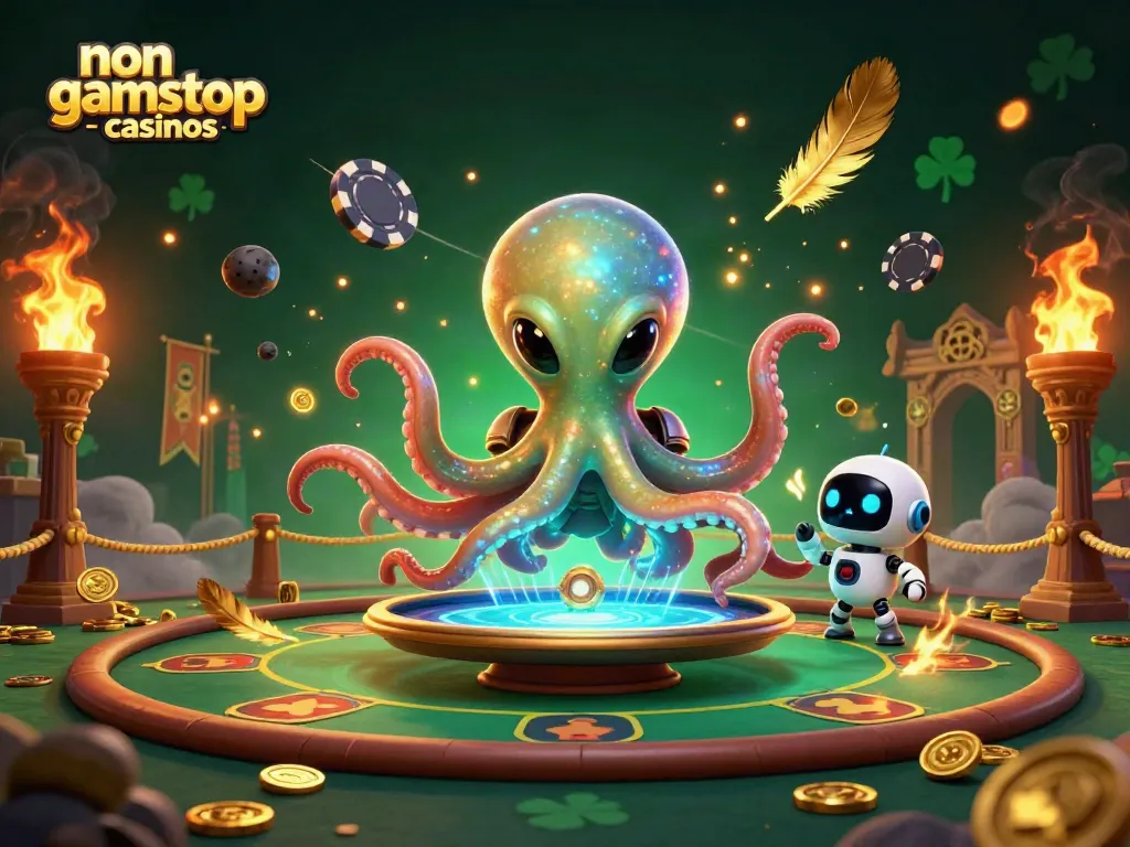 Play poker at non gamstop casinos with an alien octopus and robot amidst cosmic elements.