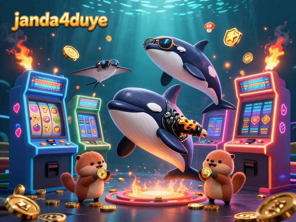 Karakter janda4duye dalam ilustrasi 3D menampilkan paus orca, ikan pari, dan berang-berang laut dengan koin emas.
